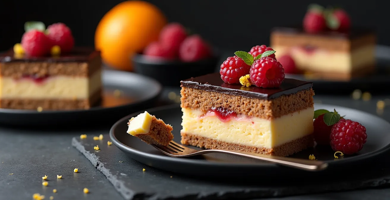 Close-up of glossy acidic ganache layer over praline cake showing textural contrast