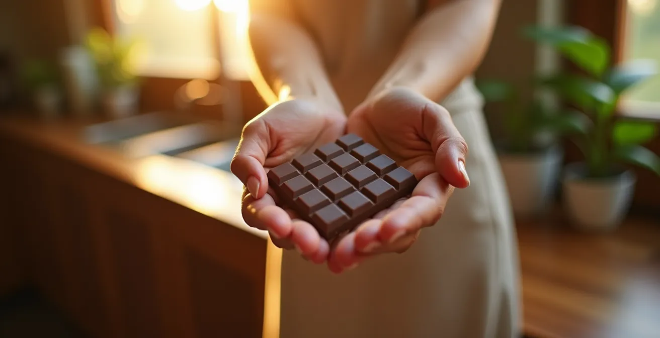 Hands holding a square of dark chocolate with soft afternoon light
