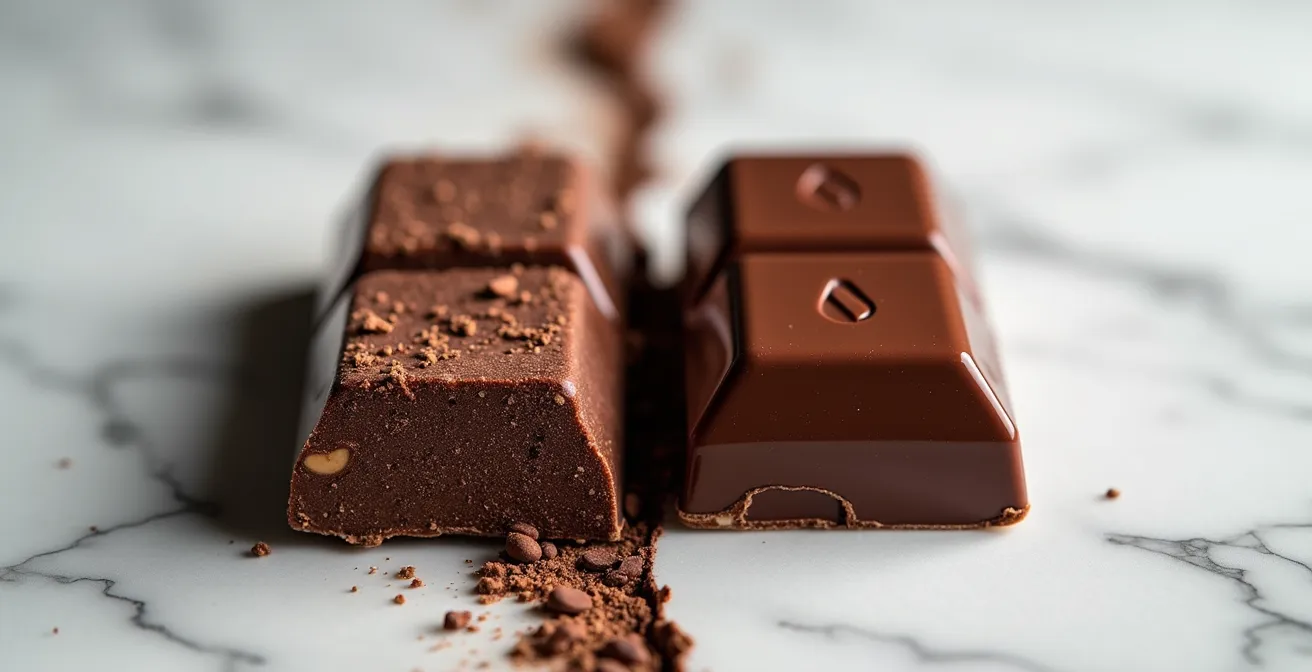 Split composition showing textured artisanal chocolate beside smooth industrial chocolate