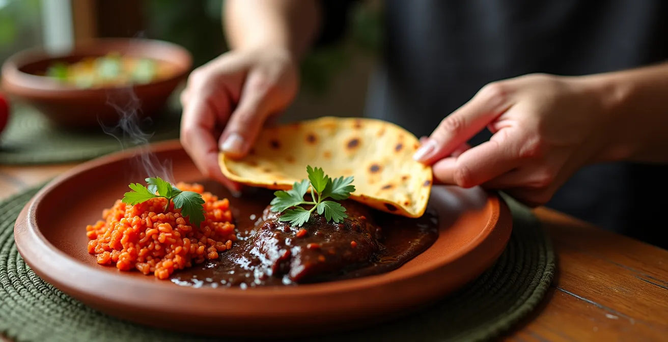 Traditional Mexican mole served on clay plate with red rice and warm corn tortillas