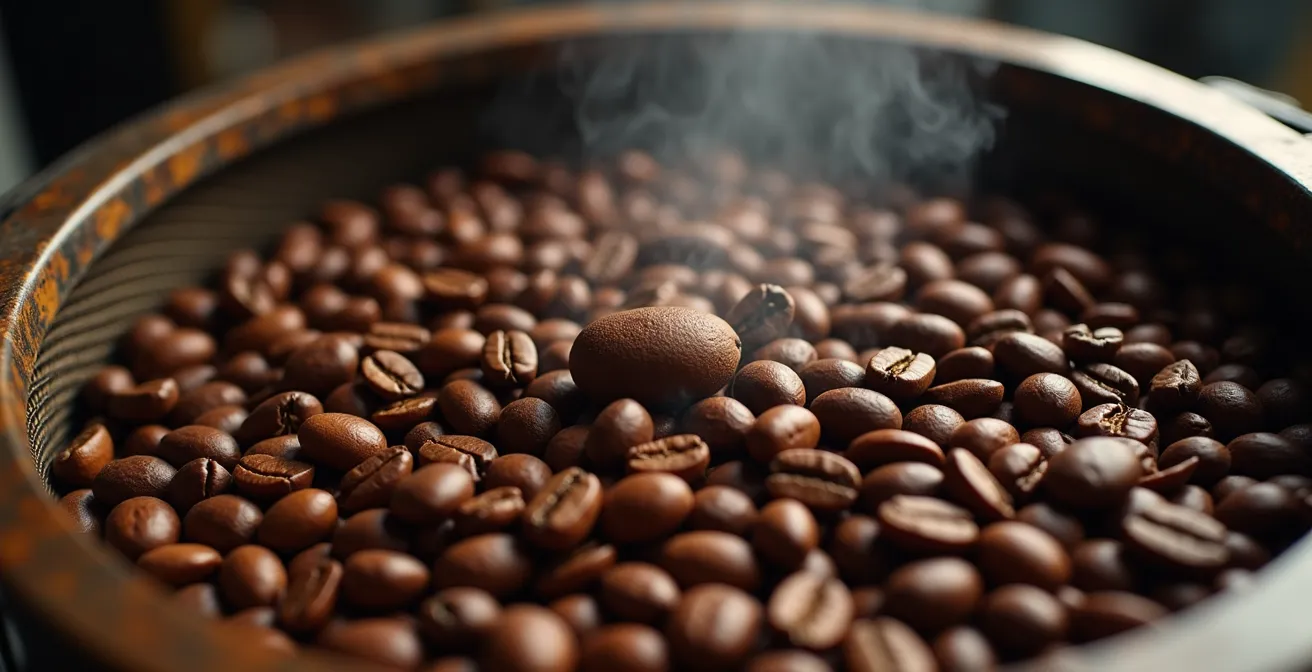 Close-up of cocoa beans being roasted in a small-batch roaster with visible texture and steam