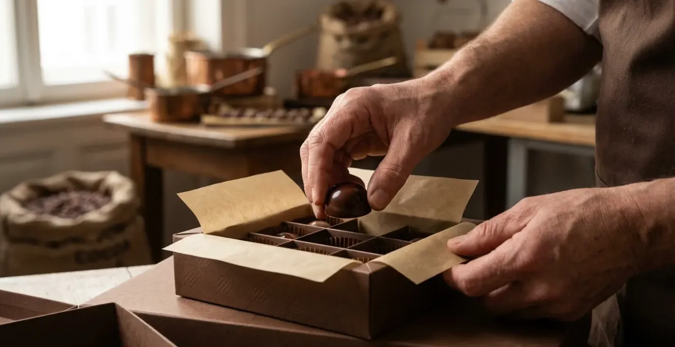 Open ballotin box showing compartmented Belgian pralines with paper cups
