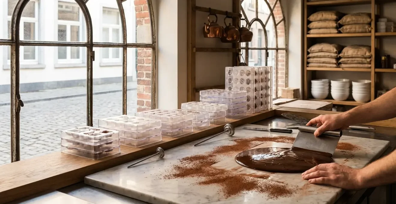 Artisan chocolatier tempering chocolate in Belgian workshop with marble slab and molding tools