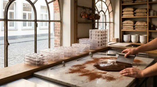 Artisan chocolatier tempering chocolate in Belgian workshop with marble slab and molding tools