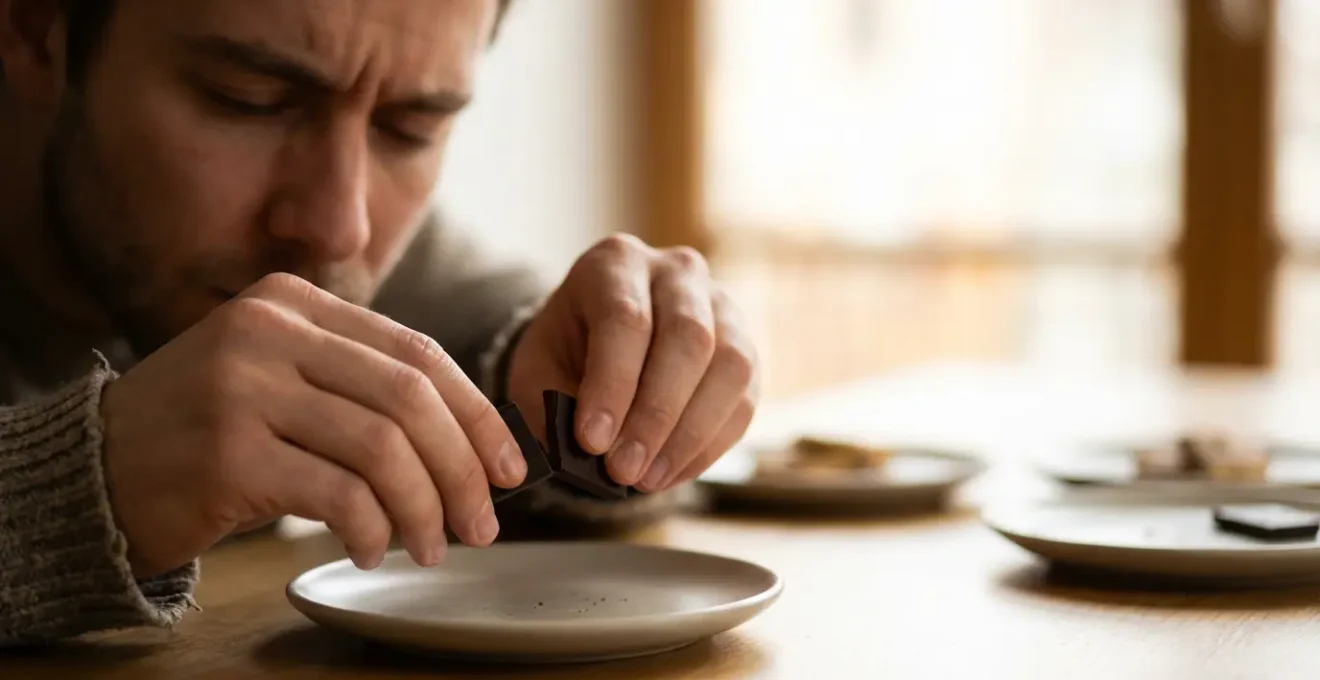 Anonymous chocolate samples arranged for blind tasting with numbered markers