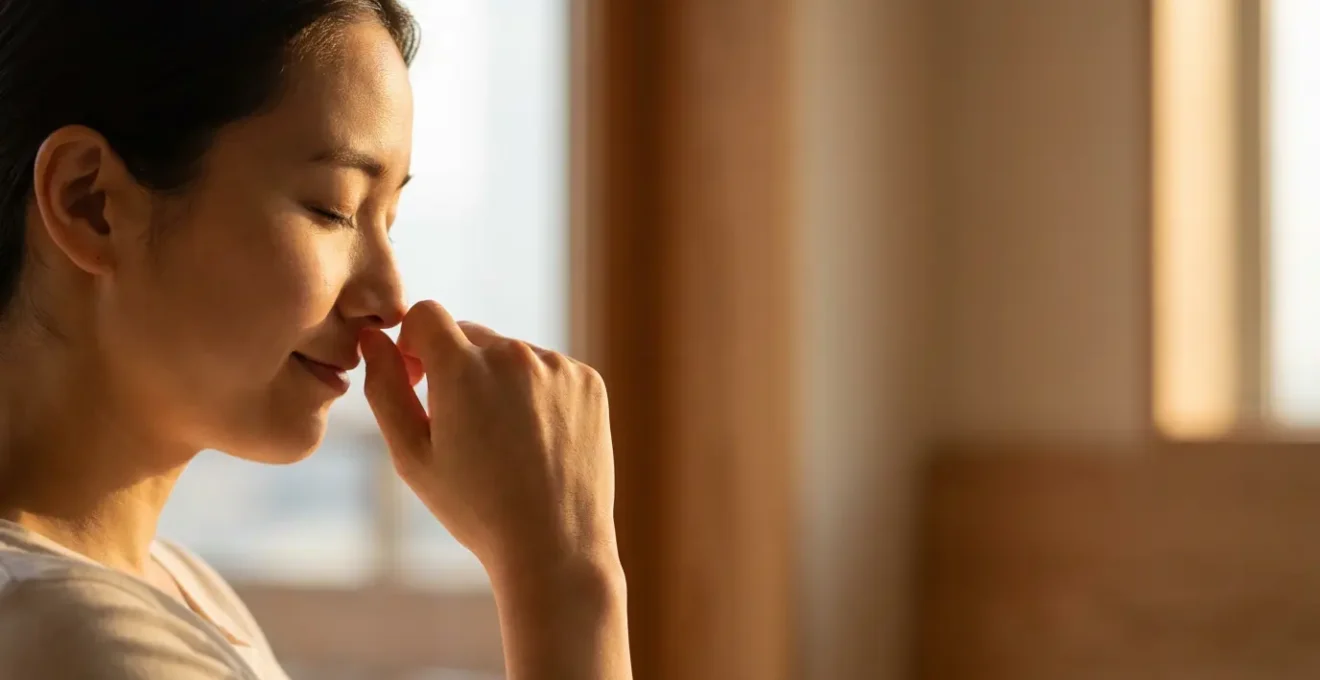 Person practicing mindful breathing while tasting chocolate in a serene environment
