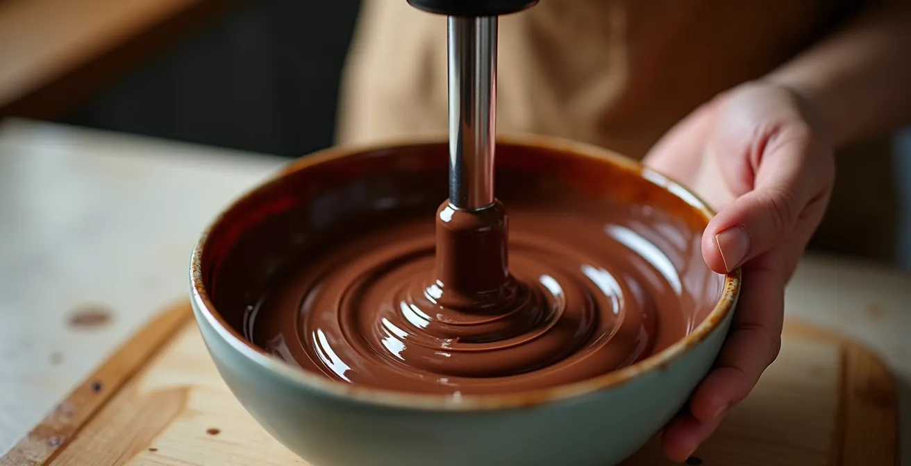 Immersion blender creating vortex in chocolate ganache showing re-emulsification process