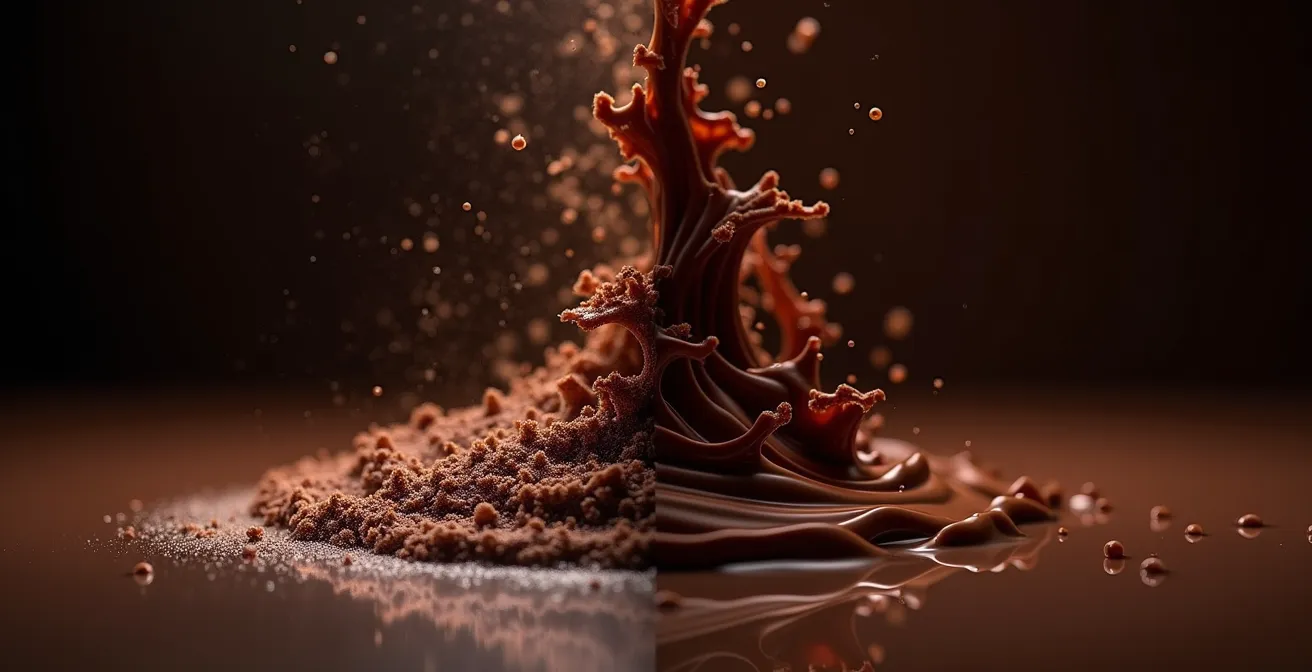 Cross-section view of chocolate mass showing controlled aeration patterns