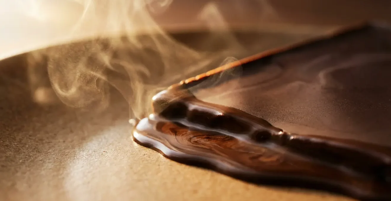 Macro view of melting chocolate surface releasing volatile aromatic compounds