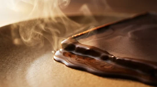 Macro view of melting chocolate surface releasing volatile aromatic compounds