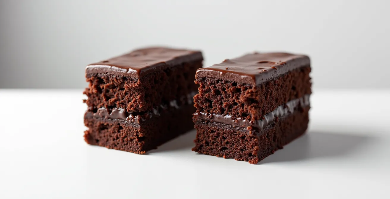 Side-by-side comparison of two chocolate cake slices, one with a tight gluten crumb and the other with a more open gluten-free texture