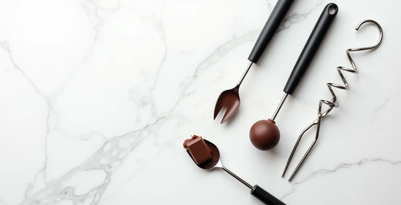 Three professional chocolate dipping tools arranged on a marble surface showing 2-prong, 3-prong and spiral designs