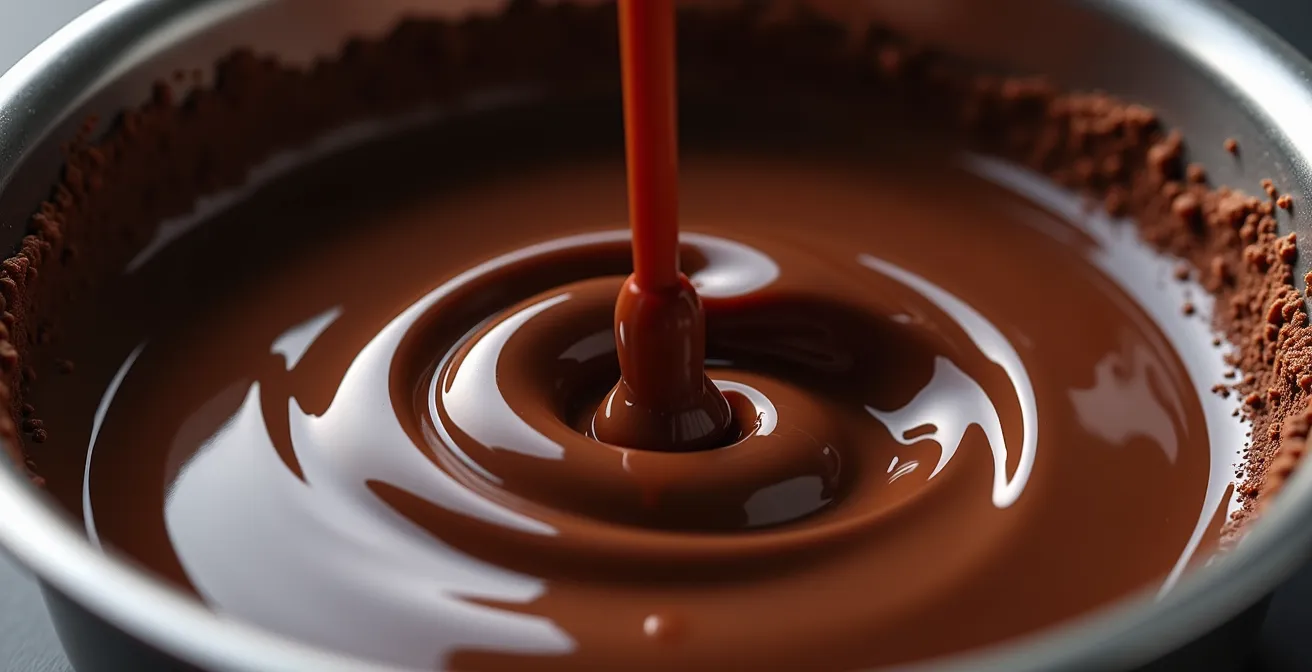 Extreme close-up of chocolate emulsion showing vortex formation during immersion blender technique