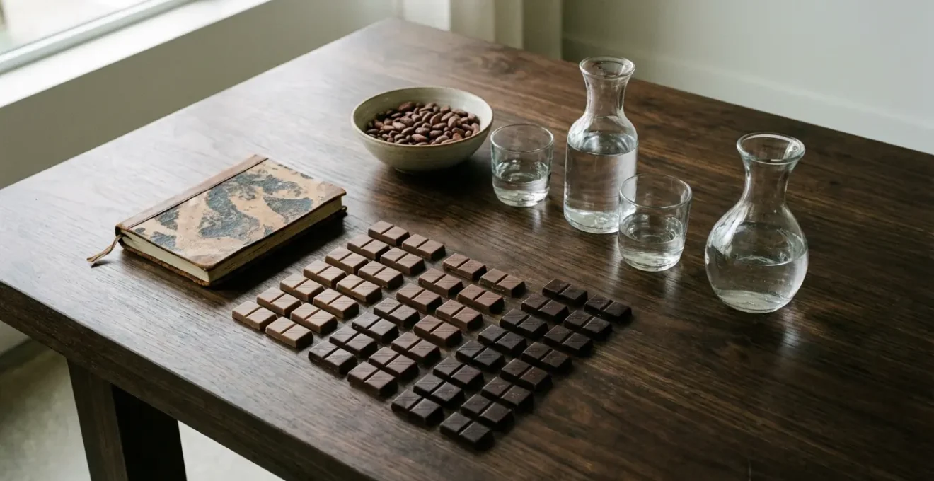 An elegant chocolate tasting setup with various dark chocolate pieces and flavor notes visualization