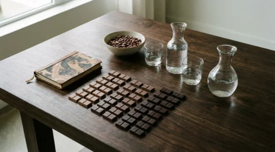 An elegant chocolate tasting setup with various dark chocolate pieces and flavor notes visualization