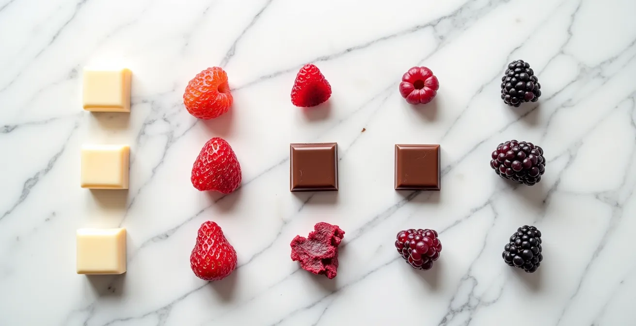 Artistic arrangement of different chocolate types paired with various freeze-dried fruits showing color gradients