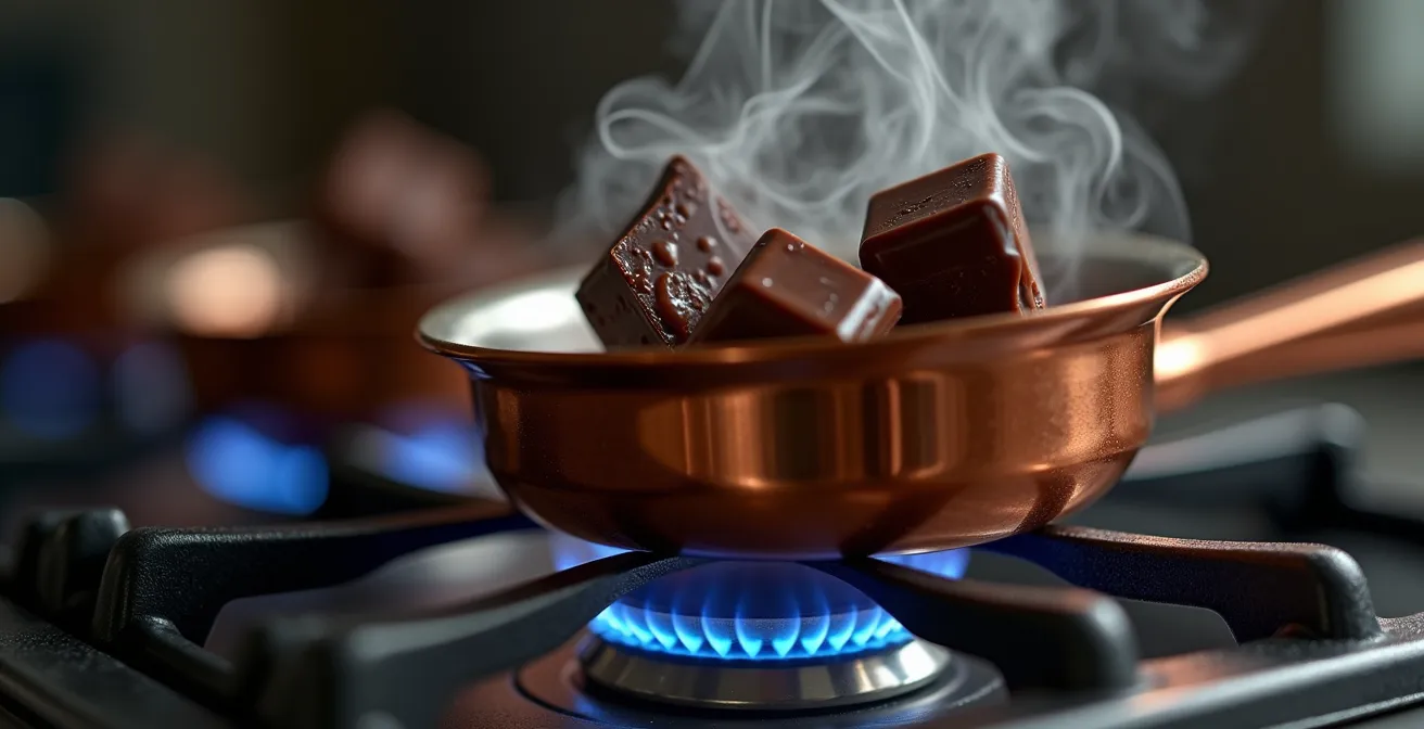Dark chocolate squares melting gently into a warm, glossy sauce in a pan taken off the heat.