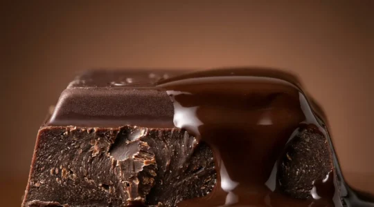 Close-up of chocolate melting on tongue with focus on texture transformation