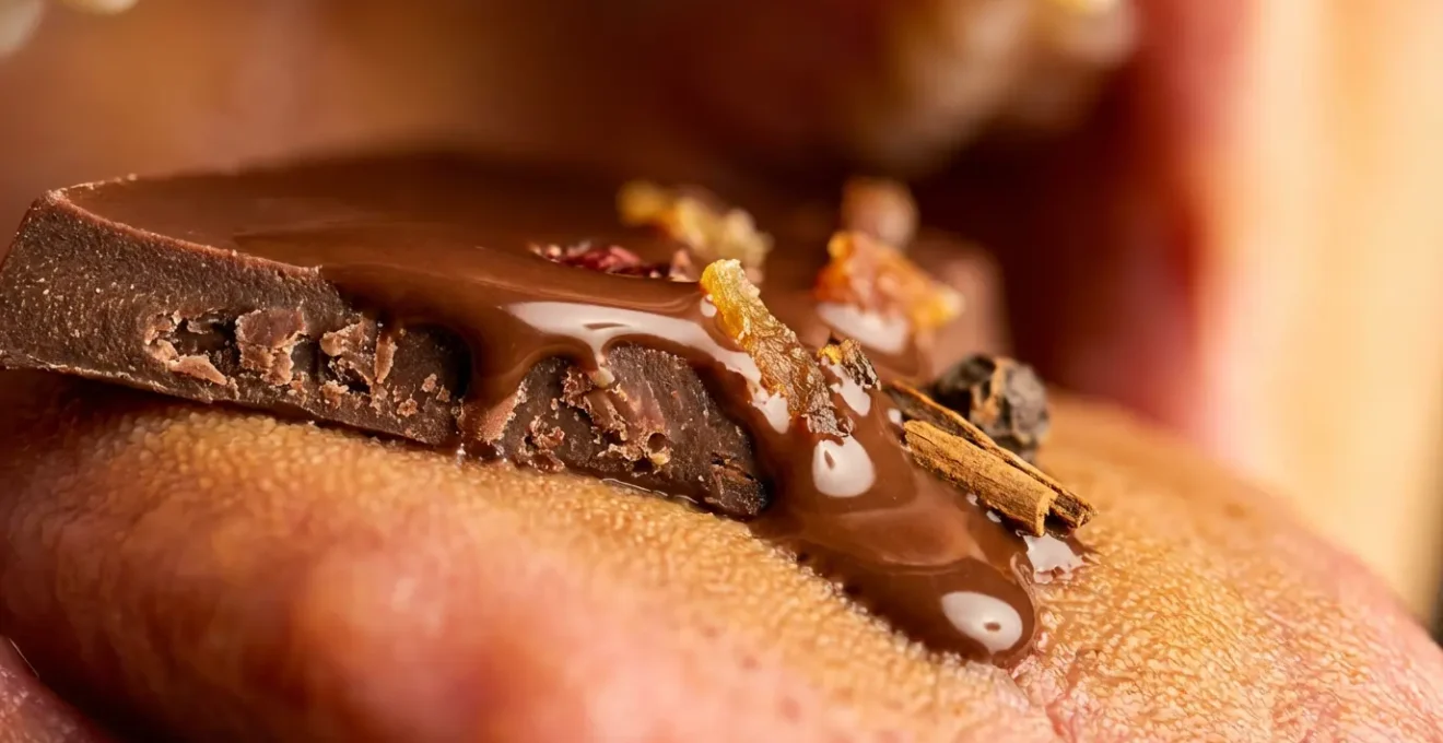 Macro view of melting chocolate revealing hidden fruit and spice notes through texture transformation