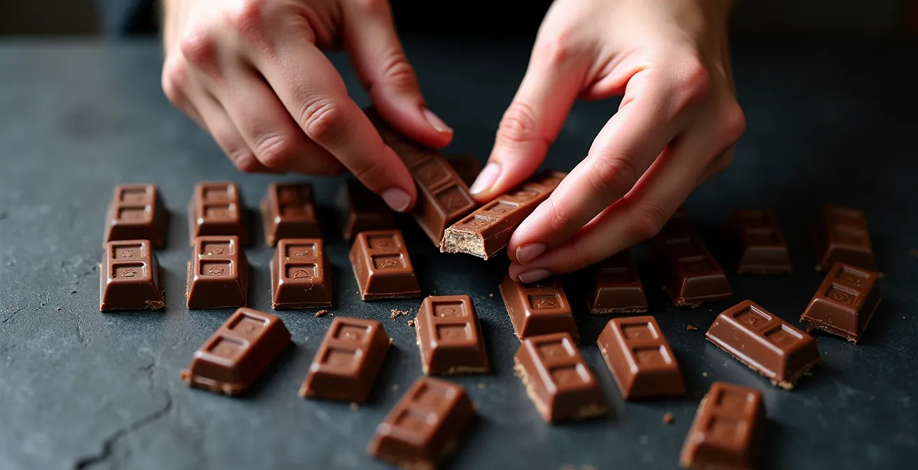 Overhead view of chocolate tasting setup with broken pieces from different origins arranged on slate