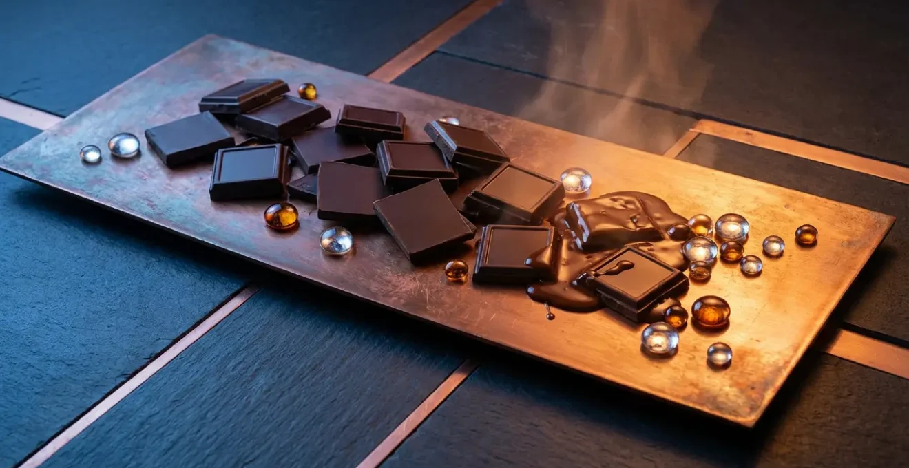 Time-lapse visualization of different aroma molecules releasing from chocolate at various temperatures, showing light molecules evaporating first.