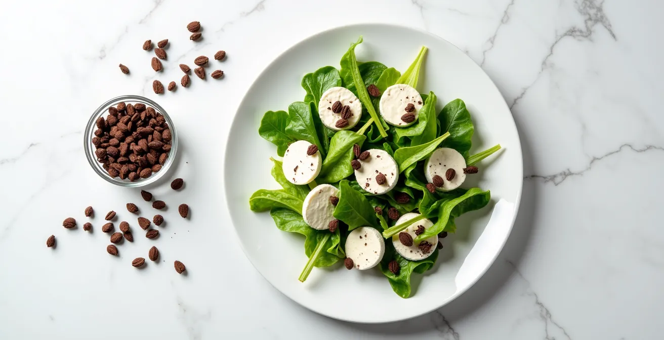 Cocoa nibs scattered over a fresh salad with goat cheese, providing a bitter crunch.