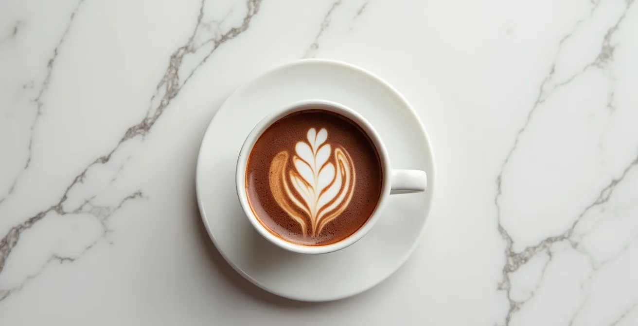 Top-down view of rich cocoa drink showing natural cream swirl patterns in a simple white ceramic cup