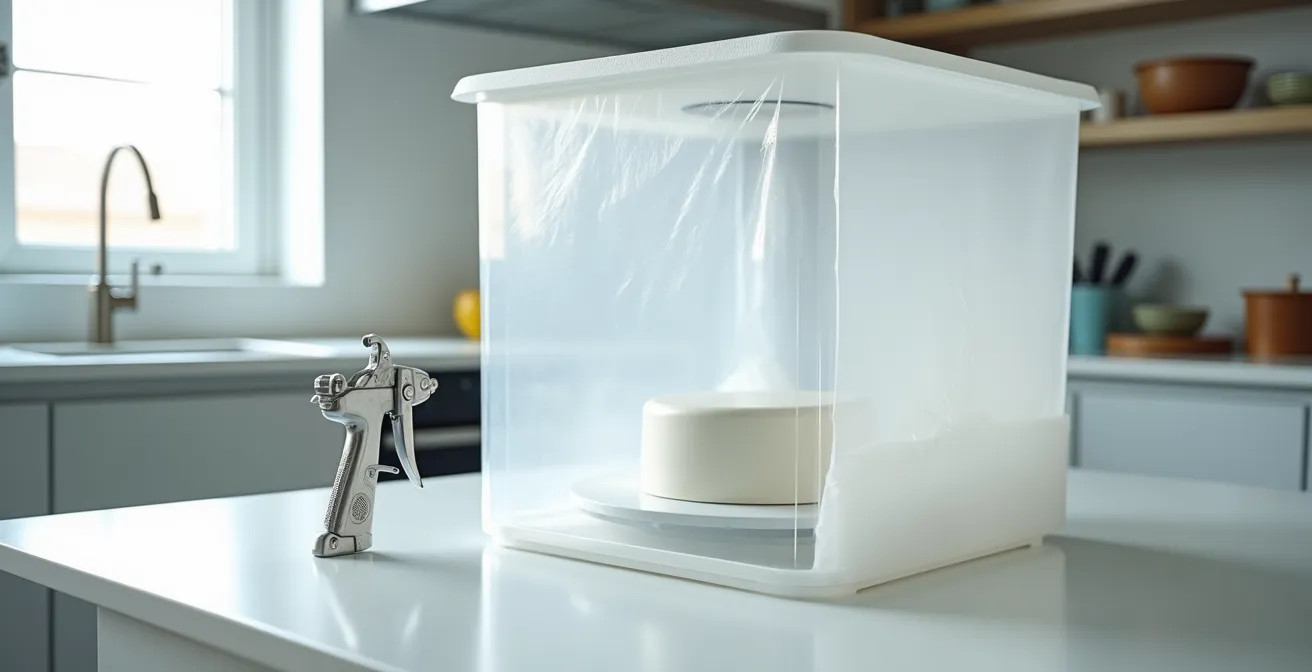 Clean professional spray station setup with turntable and protective barriers for chocolate velvet application