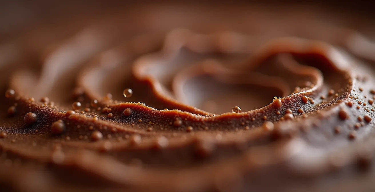 Macro view of chocolate paste surface during dry conching showing texture transformation