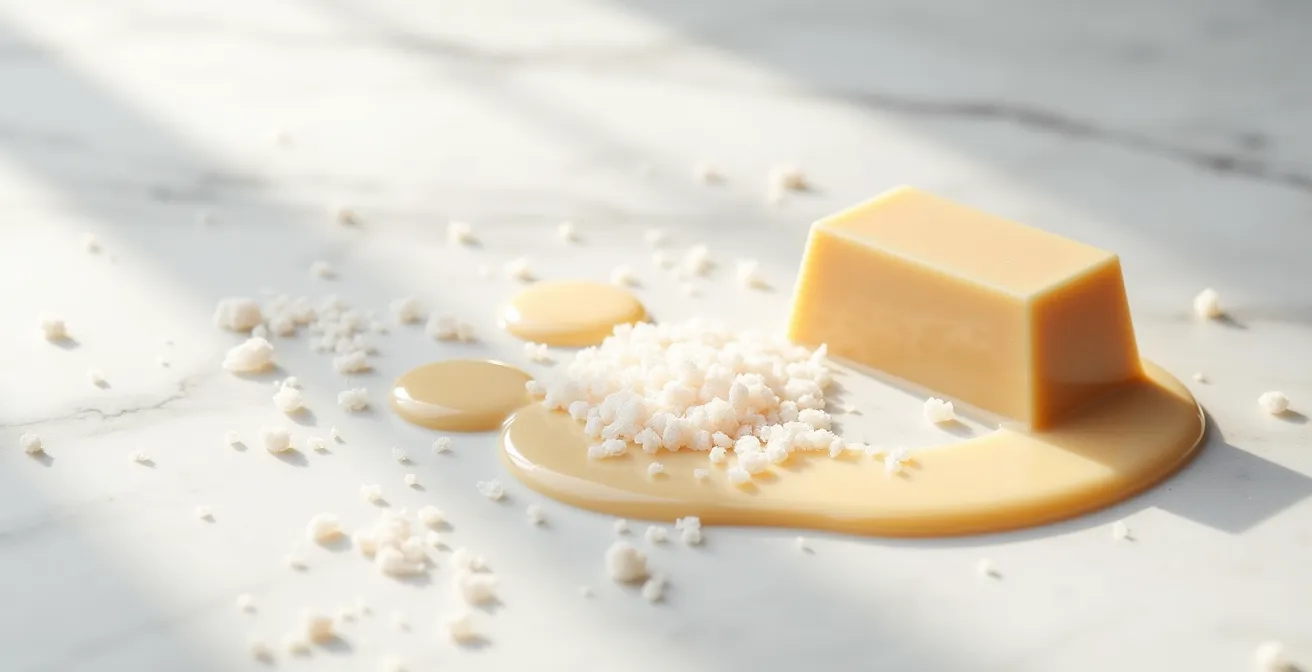 Sea salt crystals contrasting with smooth caramelized chocolate surface