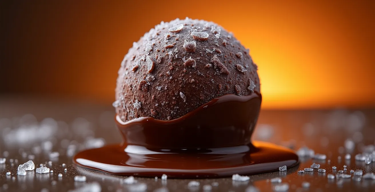 Macro shot of frozen chocolate ganache ball with ice crystals transitioning to liquid at the edges