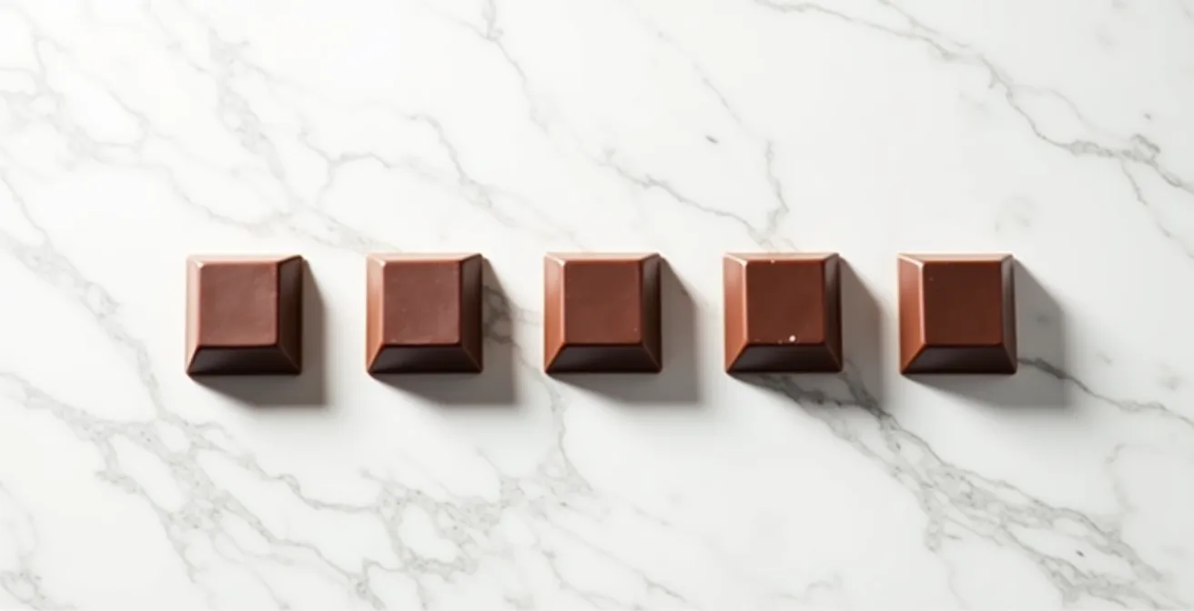 Minimalist arrangement of chocolate squares showing gradient from light to dark