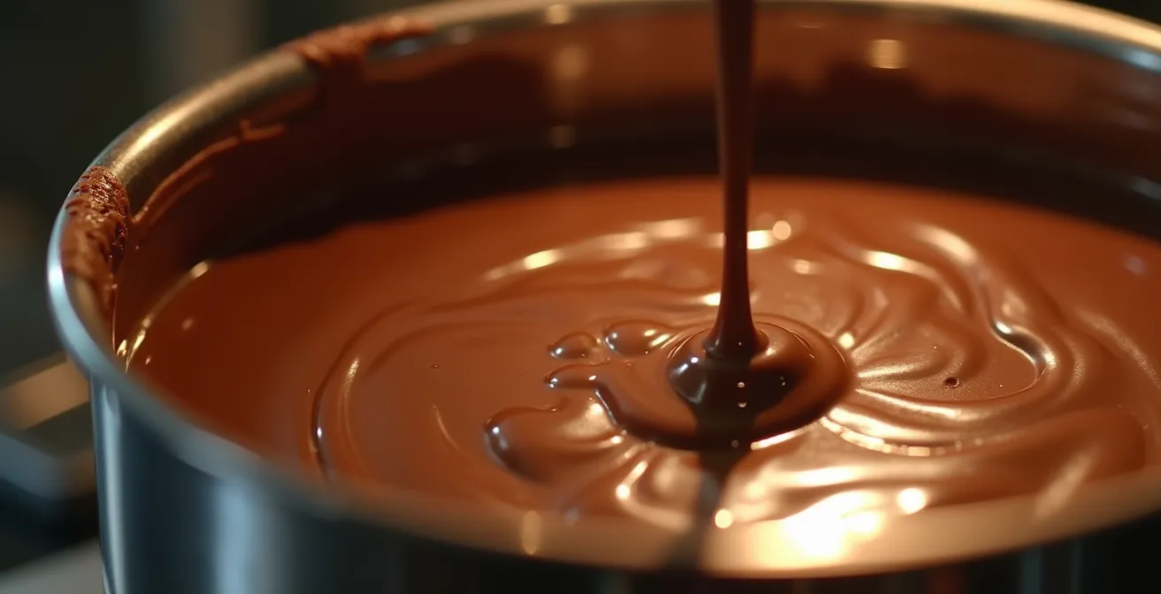 A professional chocolatier using a heat gun to gently adjust the temperature of a bowl of glossy, tempered chocolate.