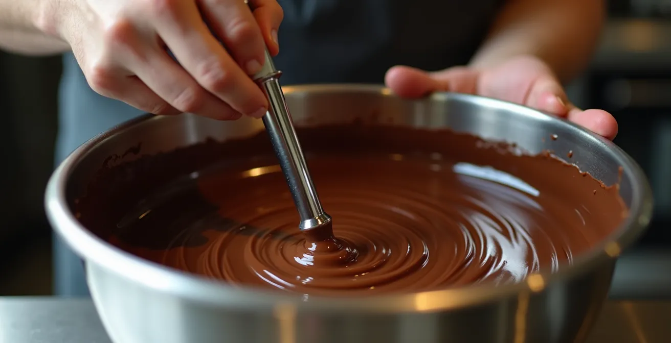 Chocolatier using an immersion blender in a deep bowl of melted chocolate showing a smooth vortex pattern