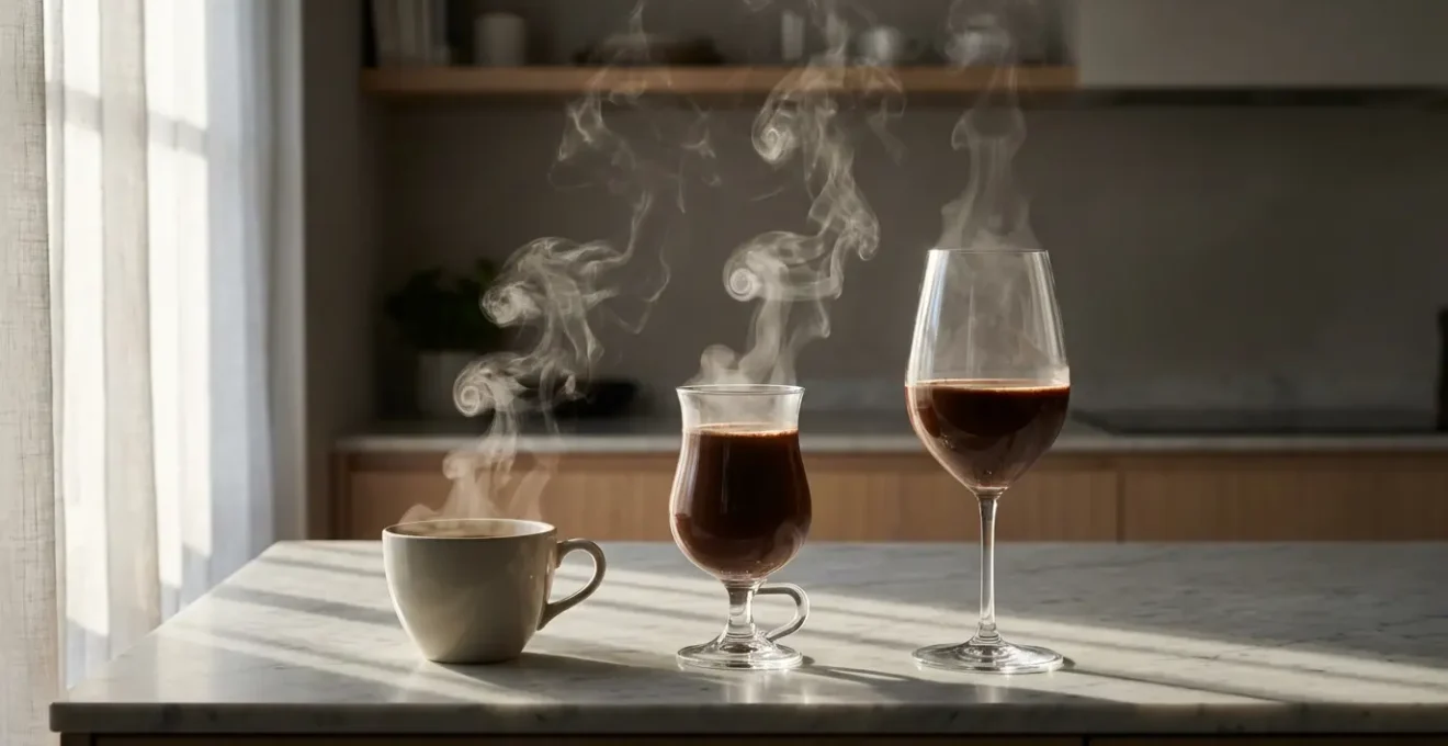 Three different glass shapes containing hot chocolate showing distinct steam patterns, visualizing aroma concentration.