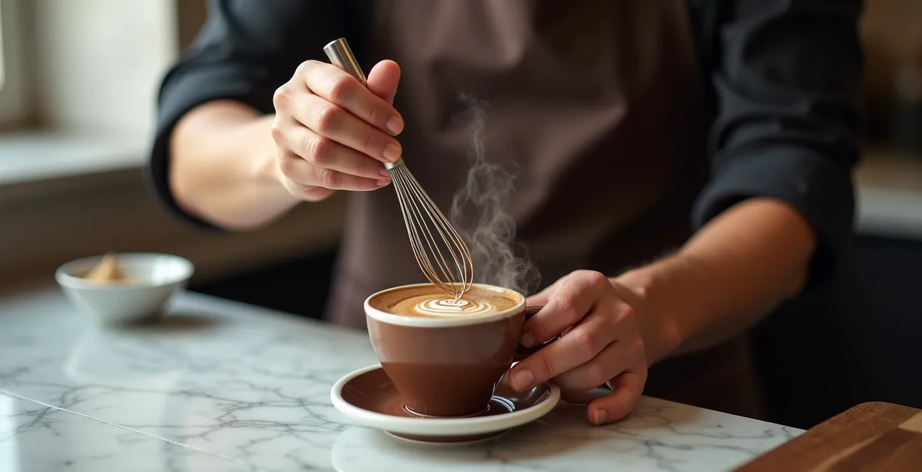 Barista demonstrating the flash whisk technique to prevent surface film