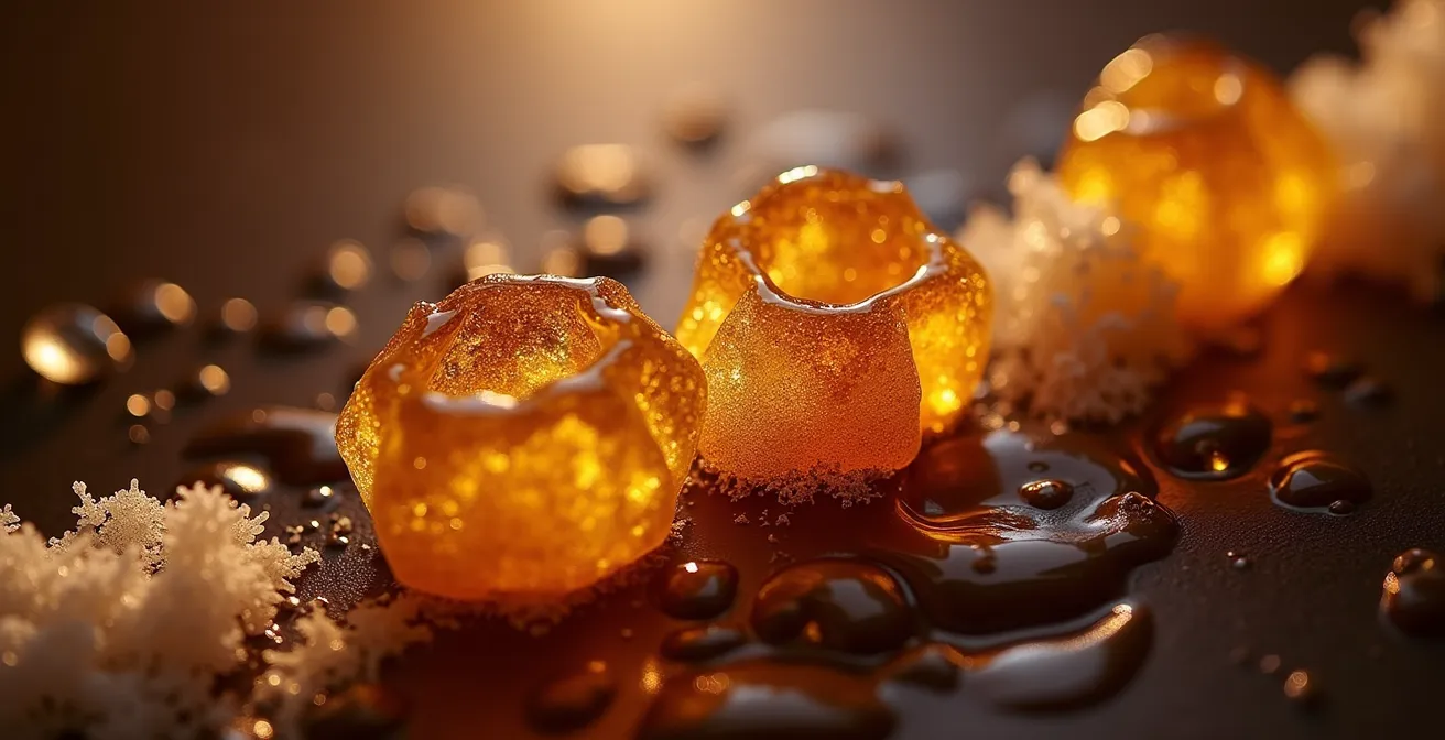 Microscopic view of invert sugar crystals binding water molecules in ganache