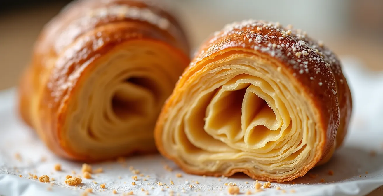 Extreme close-up cross-section of baked croissant showing distinct butter layers