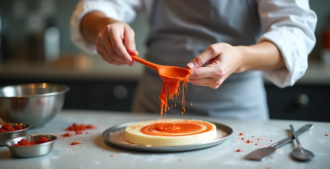 Close-up of colorant being incorporated into white chocolate using professional technique