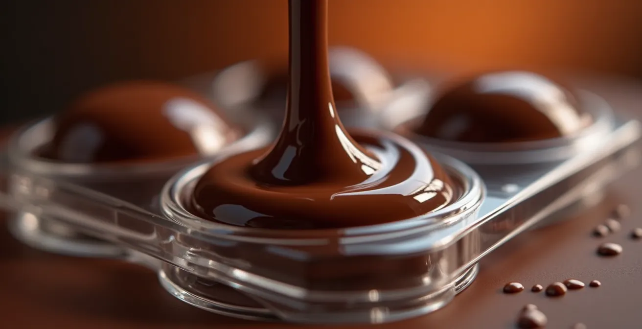 Extreme close-up of liquid chocolate spreading across a polycarbonate mold cavity surface, displacing micro-air bubbles.