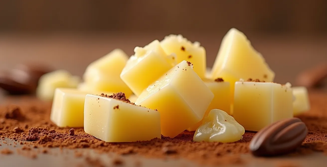 Extreme close-up of pure cocoa butter chunks slowly melting, showing crystalline structure and golden reflections