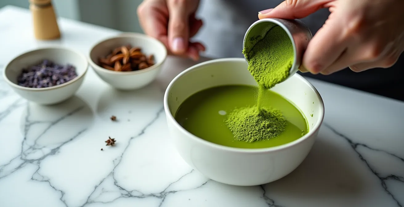 Professional technique of infusing matcha powder into melted white chocolate