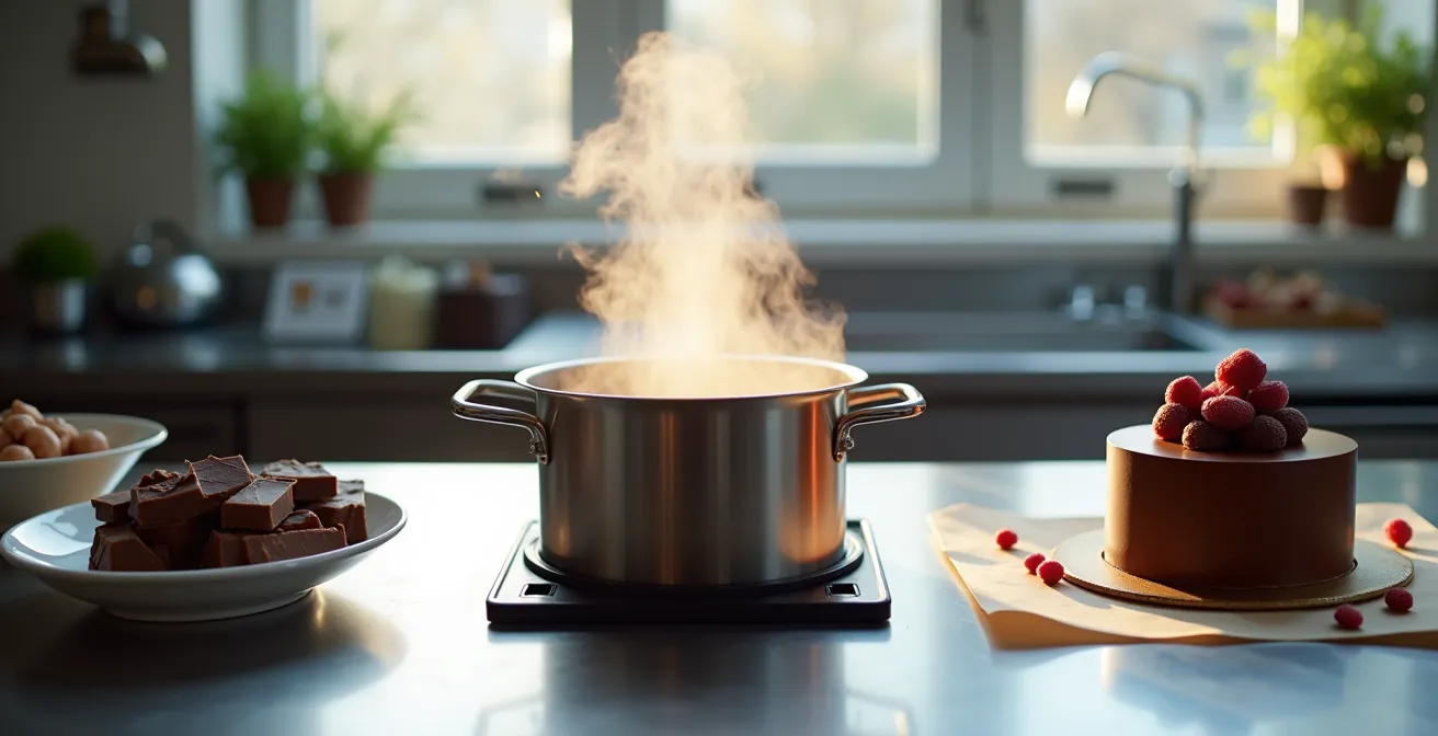 Bloomed chocolate being melted and transformed for baking use