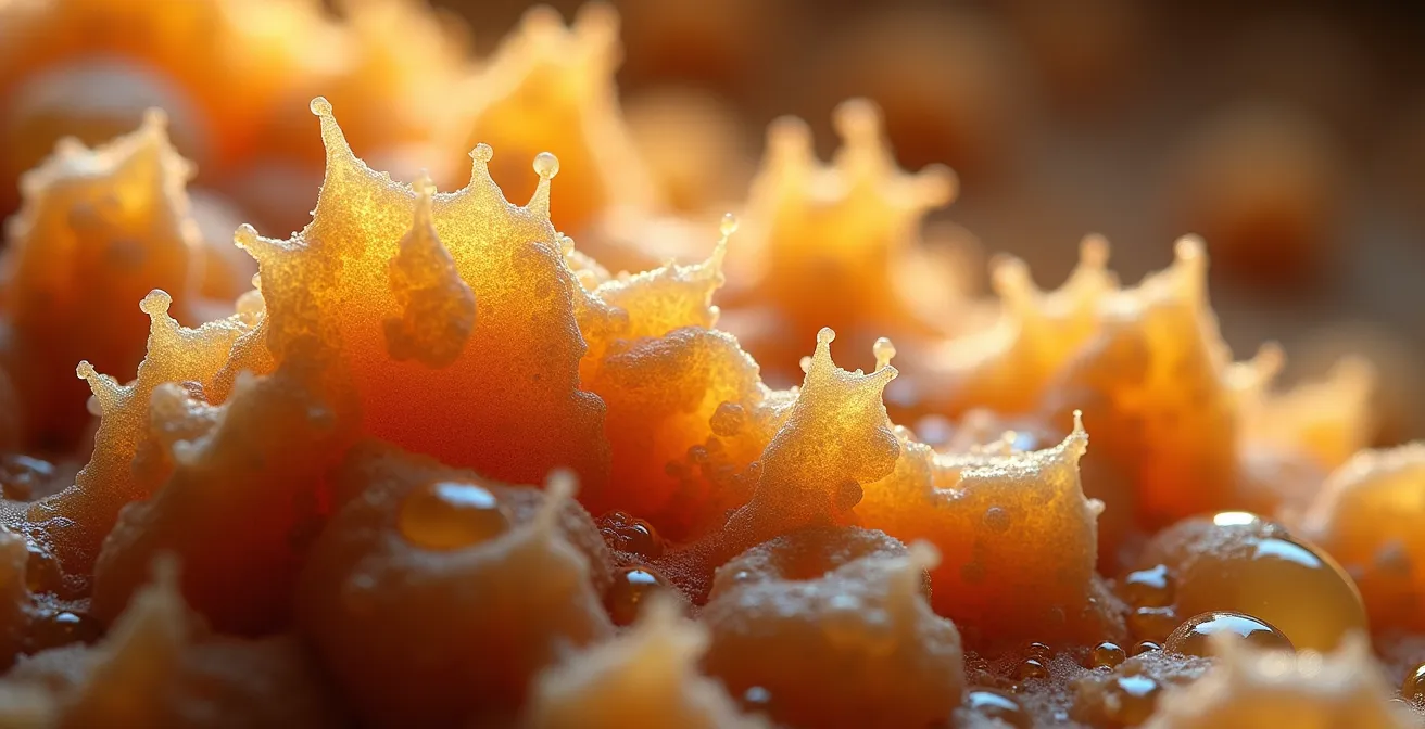 Extreme close-up of fermenting cocoa pulp showing yeast cells and bacteria activity