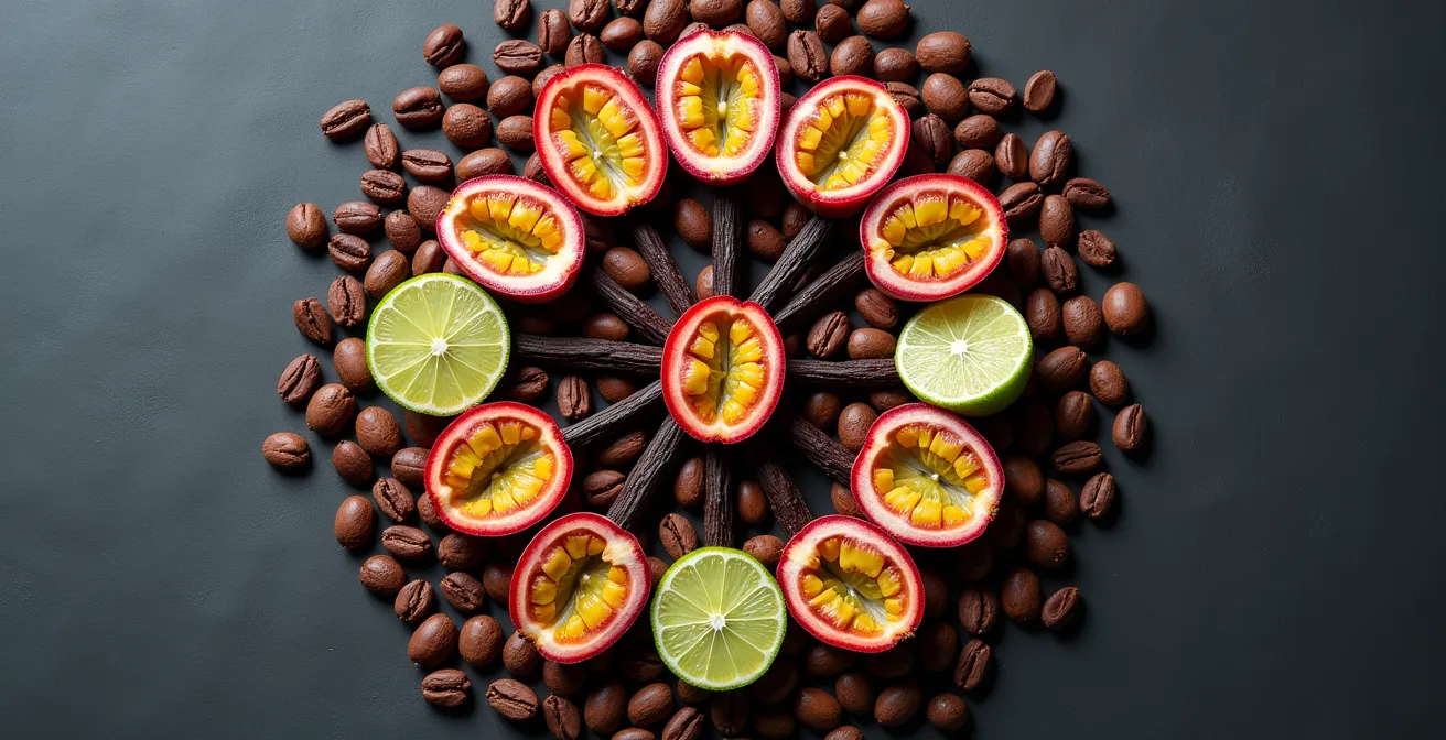 Peruvian cacao beans with passion fruit and vanilla creating flavor balance