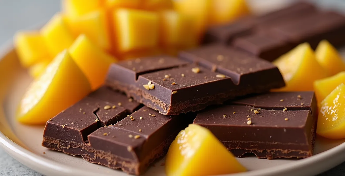 Extreme close-up of Peruvian chocolate pieces with tropical fruit textures