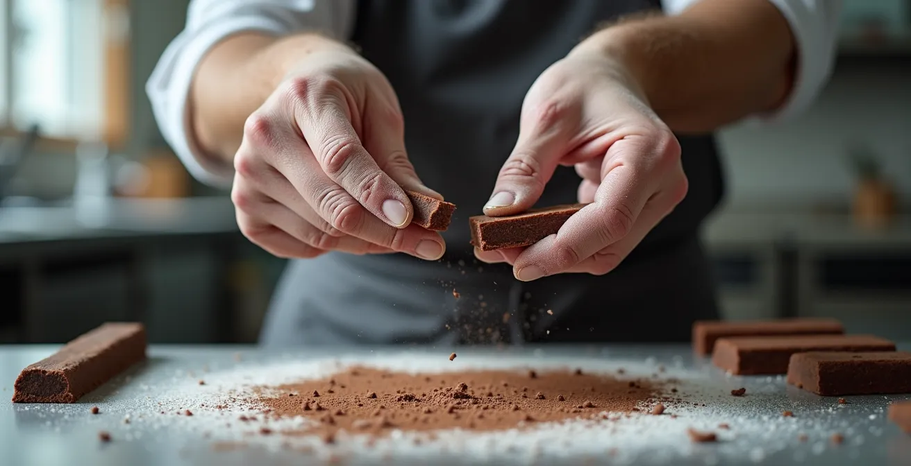Baker's hands demonstrating proper chocolate stick break test in professional kitchen