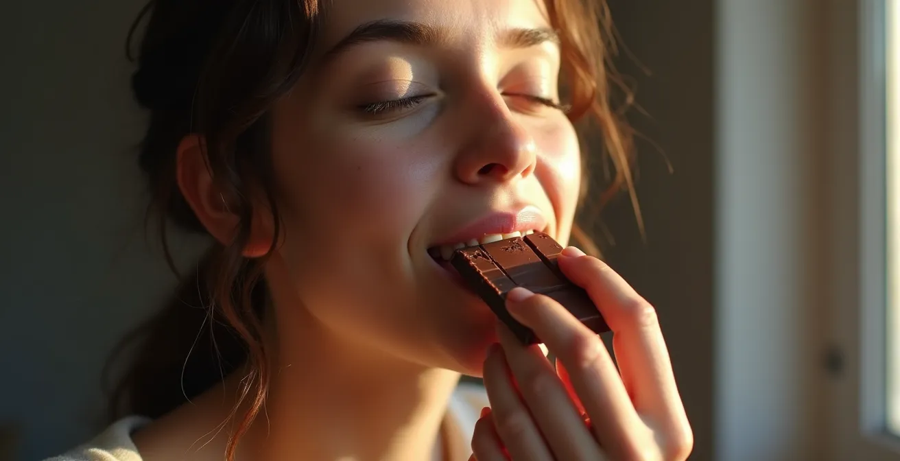 Person savoring chocolate with eyes closed in meditative pose