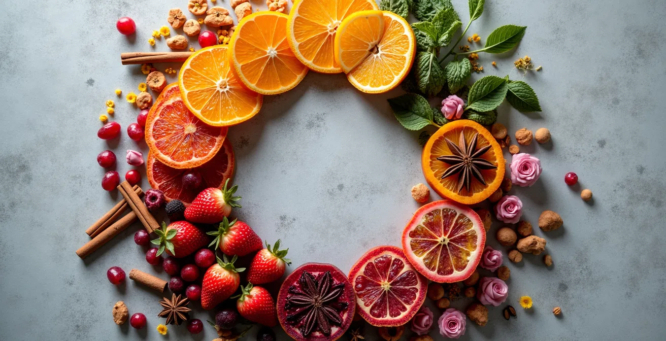 Seasonal arrangement of freeze-dried fruits and spices for chocolate inclusions throughout the year