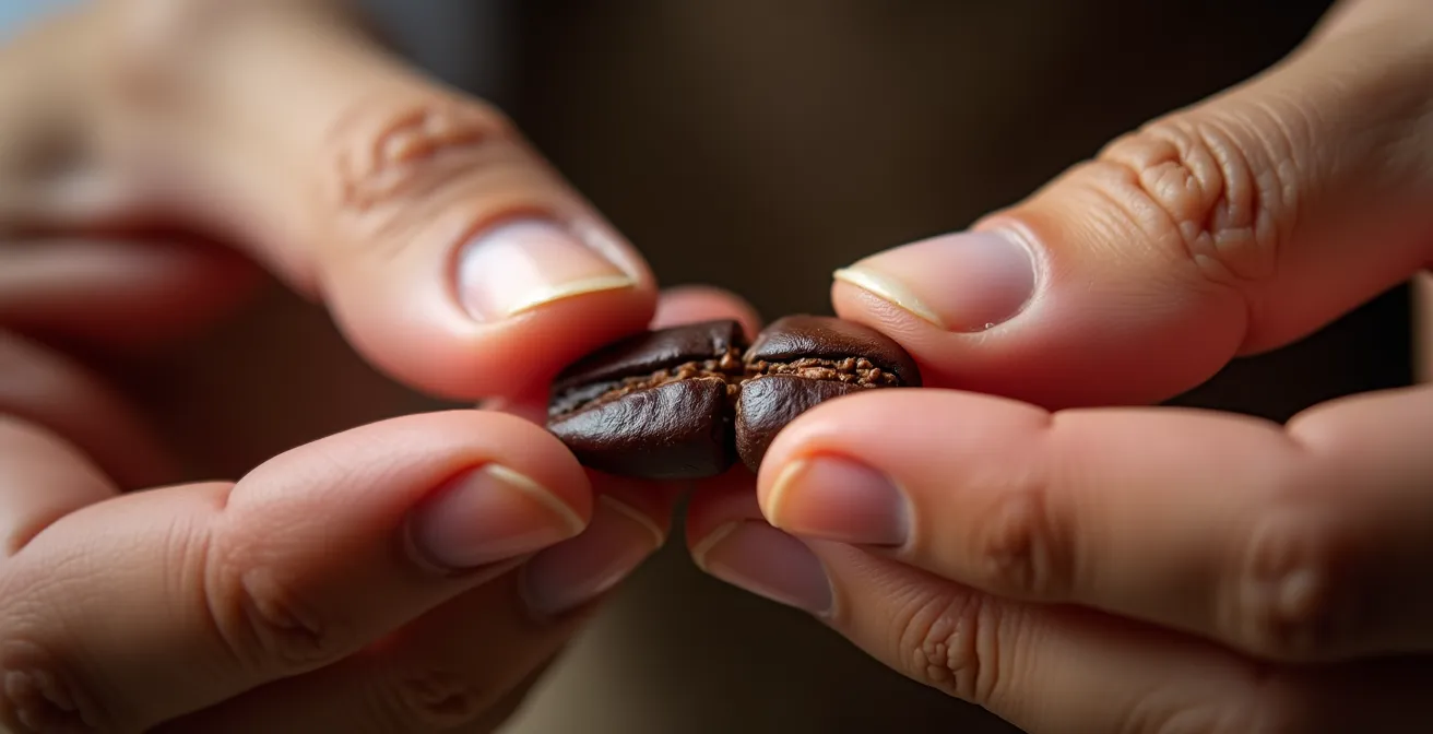 Close-up of hands performing the snap test on a roasted cocoa bean